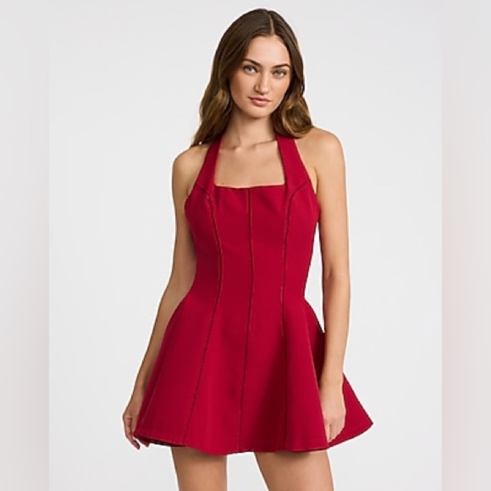 Express Halter Square Neck Seamed Peplum Mini Dress